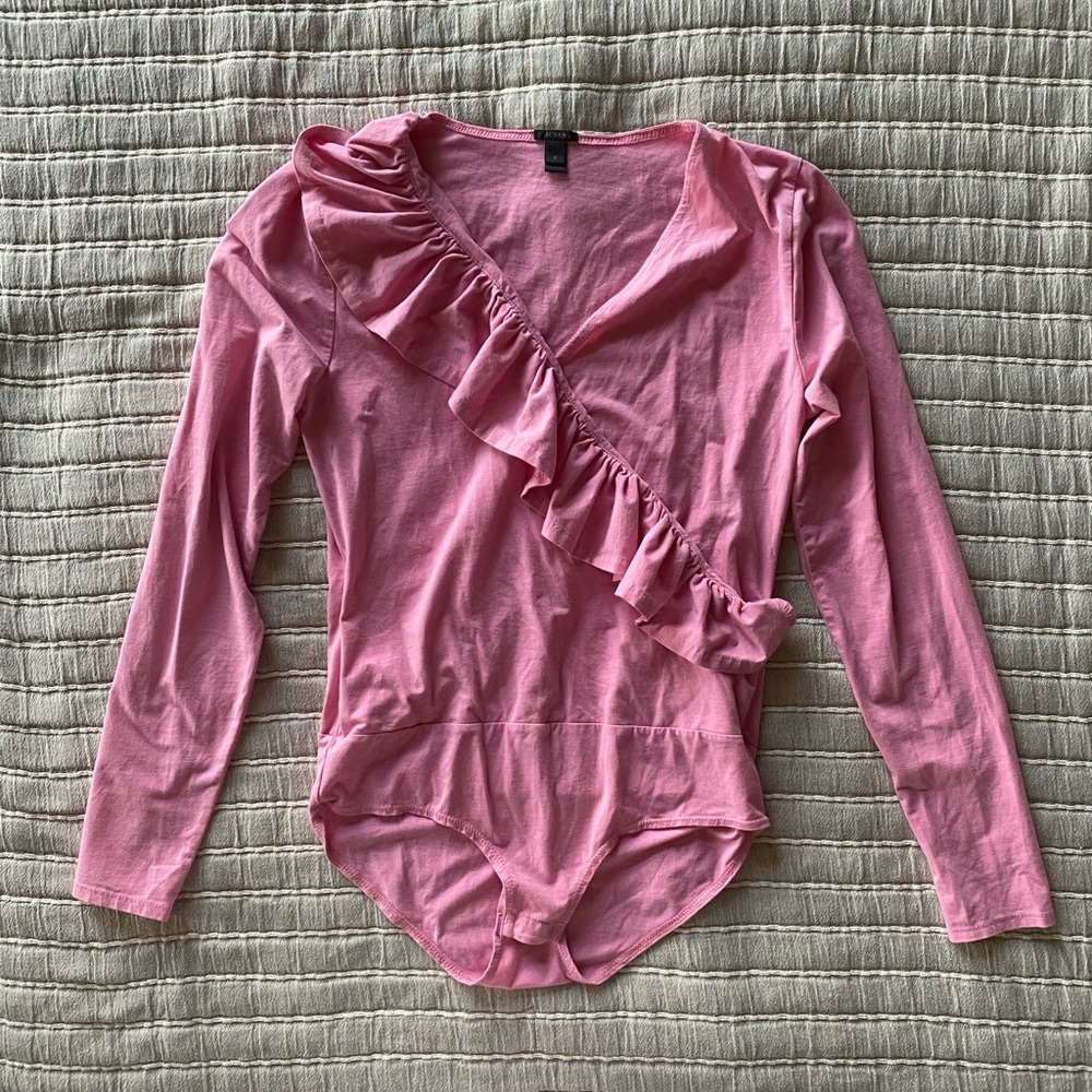 J. Crew Pink Asymmetrical Ruffled Bodysuit